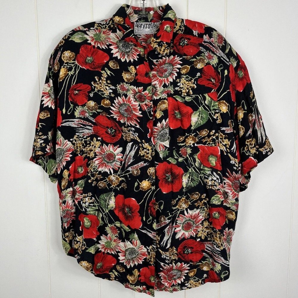 Way To Go Women Top & Shorts Set Large Floral Black Rayon Button Front India